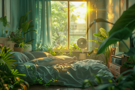 Cozy Bedroom Interior with Lush Green Plants, Warm Sunlight, and Comfortable Bedding Arrangement Illuminated by Golden Hour Light AI Generativeの素材