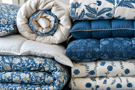 Assorted Blue and White Patterned Cushions Piled Together in Cozy Home Interior Setting AI Generativeの素材