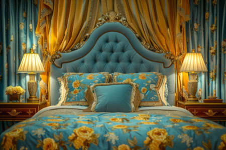 Luxurious Classic Bedroom Interior with Elegant Bedding and Ornate Decorative Elements AI Generativeの素材