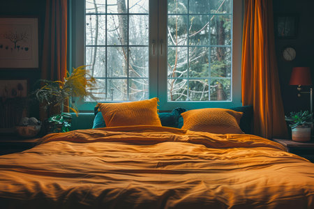 Cozy Bedroom Interior with Warm Bedding, Decorative Pillows, and Window View of Nature in Rustic Home Setting AI Generativeの素材