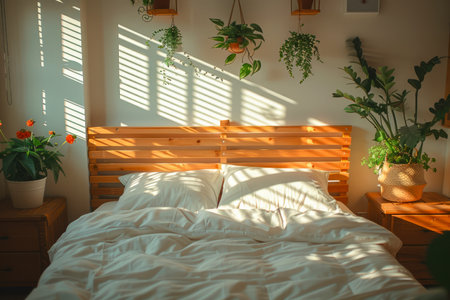 Cozy Bedroom with Warm Sunlight Streaming through Blinds, Fresh Plants, and Wooden Furniture AI Generativeの素材