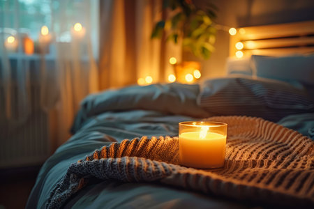 Cozy Bedroom Atmosphere with Warm Candle Light and Soft Textiles on a Comfortable Bed AI Generativeの素材