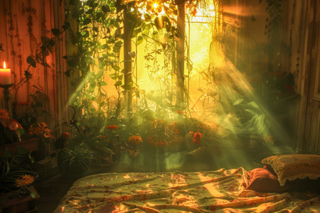Enchanted Vintage Bedroom with Sunlight Streaming through Window and Ivy, Cozy Atmosphere AI Generativeの素材