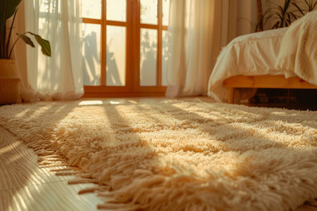 Cozy Bedroom Interior with Sunlight Casting Shadows on Shaggy Carpet through Window at Sunset AI Generativeの素材