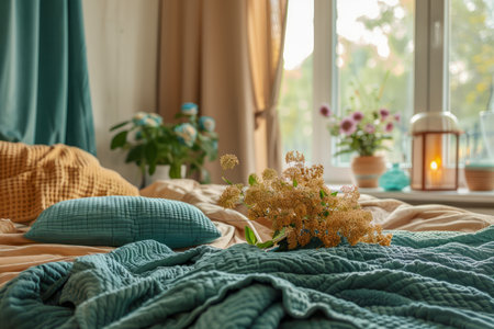 Cozy Home Interior Design with Comfortable Bedding and Warm Natural Light AI Generativeの素材