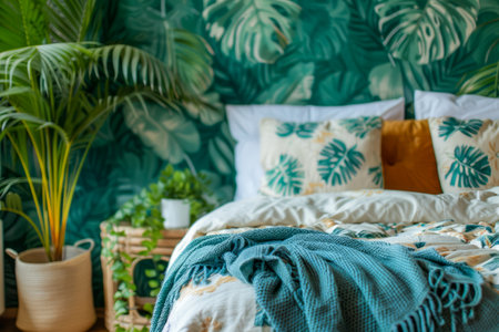 Tropical Bedroom Decor with Green Plants and Blue Accents in Stylish Modern Interior Design AI Generativeの素材