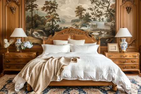 Luxurious Classic Bedroom Interior With Elegant Bedding and Decorative Wooden Wall Panel AI Generativeの素材