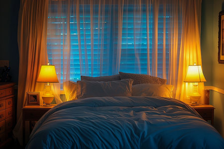 Cozy and Inviting Bedroom Interior at Night with Warm Lights and Blue Curtains AI Generativeの素材