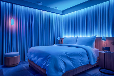 Modern Bedroom with Blue LED Ambient Lighting and Stylish Bed Linen in a Contemporary Home Interior Design Concept AI Generativeの素材