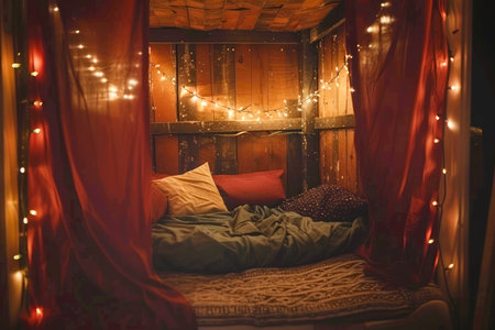 Cozy Wooden Cabin Interior with String Lights and Comfortable Bedding, Rustic Retreat for Relaxation and Romance AI Generativeの素材