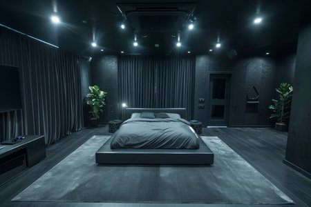 Modern Luxury Bedroom Interior with Dark Tones and Sophisticated Lighting Design AI Generativeの素材