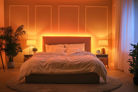 Modern Bedroom Interior at Night with Ambient Lighting, Cozy Bedding, and Stylish Home Decor Design Elements AI Generativeの素材