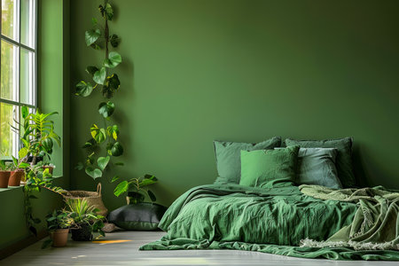 Cozy Green Bedroom Interior with Plush Bedding and Lush Indoor Plants by Sunny Window AI Generativeの素材