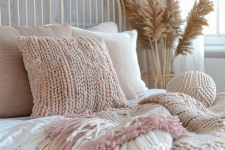 Cozy and Stylish Bedroom Interior with Elegant Decorative Pillows and Warm Chunky Knit Throw Blanket AI Generativeの素材