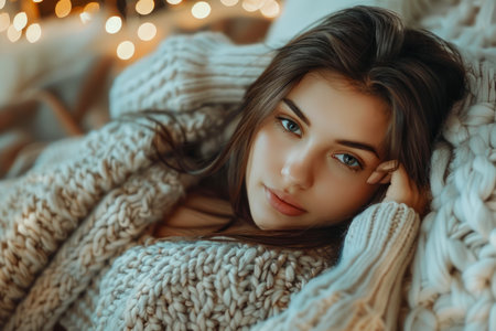 Serene Young Woman Relaxing in Cozy Room with Soft Knitted Sweater, Warm Lights and Homely Atmosphere Portrait AI Generativeの素材