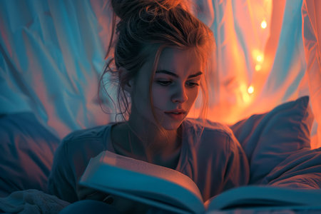 Young Woman Reading a Book in a Cozy Bedroom with Warm Fairy Lights at Night AI Generativeの素材