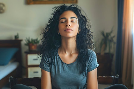 Serene Young Woman Enjoying a Peaceful Moment Practicing Mindfulness Meditation Indoors AI Generativeの素材