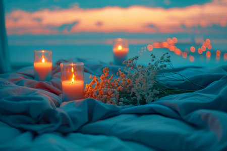 Romantic Sunset Picnic with Candlelight, Cozy Blankets, and Wildflowers Overlooking the Ocean AI Generativeの素材