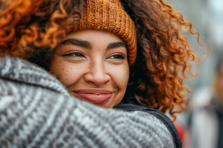 Affectionate Embrace Between Two People in a Cozy Autumn Setting with Warm Clothes and Smiling Faces AI Generativeの素材