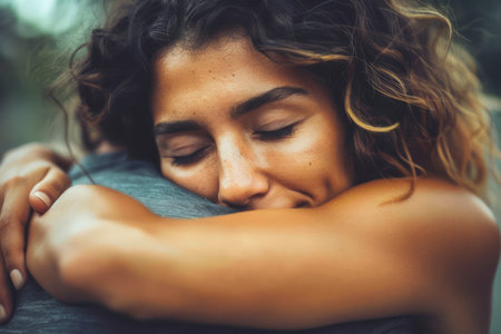 Tender Embrace Between Two People in a Close, Comforting Hug Showing Affection and Emotional Support AI Generativeの素材