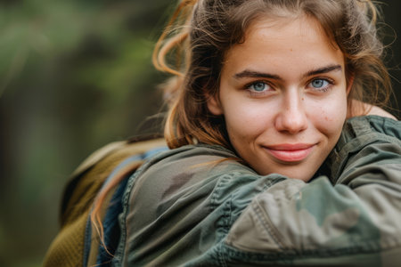 Smiling Young Woman Embracing Herself in a Warm Jacket Outdoors, Natural Beauty in a Serene Forest Setting AI Generativeの素材