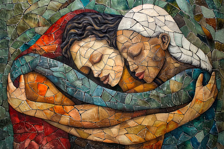 Colorful Mosaic Artwork of Embracing Couple in Romantic Expression of Love and Intimacy AI Generativeの素材