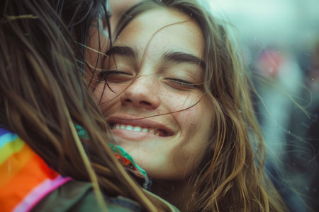 Close up of a Young Woman Smiling Blissfully in an Intimate Embrace, Capturing a Moment of Joy and Affection AI Generativeの素材