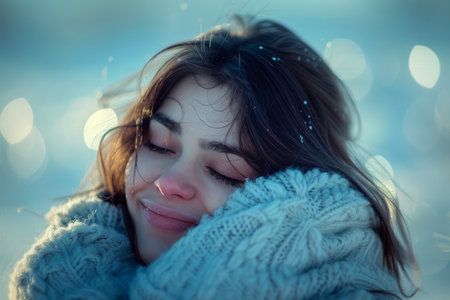Serene Young Woman Embracing Winter's Chill, Sparkling Snowflakes on Hair, Peaceful Outdoor Close up AI Generativeの素材