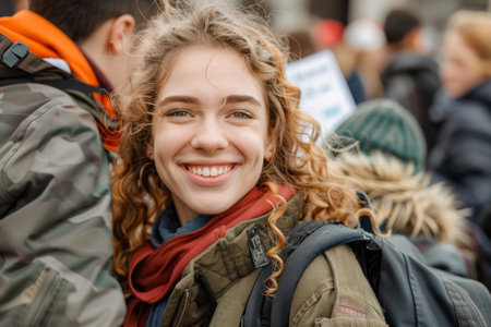 Smiling Young Woman Enjoying Outdoor Gathering in Cold Weather Dressed in Warm Seasonal Clothes AI Generativeの素材
