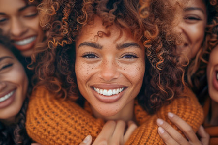 Smiling Young Women Group in Autumn Attire Enjoying Togetherness, Diversity, and Friendship AI Generativeの素材