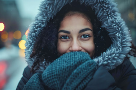 Smiling Young Woman with Winter Scarf and Hood on City Street During Snowfall AI Generativeの素材