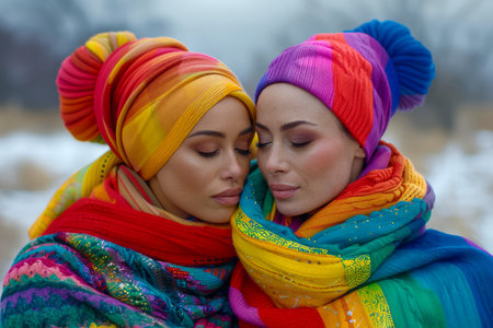 Two Women Embracing with Colorful Headscarves in Serene Outdoor Setting Expressing Friendship and Unity AI Generativeの素材