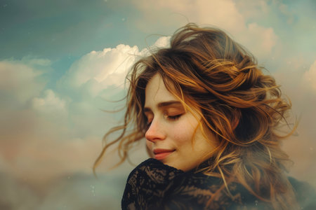 Serene Young Woman with Windblown Hair Against Cloudy Sky Background AI Generativeの素材