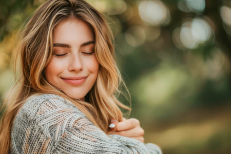 Serene Young Woman Enjoying a Blissful Moment in a Picturesque Outdoor Setting, Embracing Herself Gently Amidst Nature AI Generativeの素材
