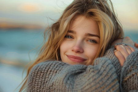 Radiant Young Woman Smiling and Embracing Herself by the Sea during Golden Hour, Concept of Joy and Self love AI Generativeの素材