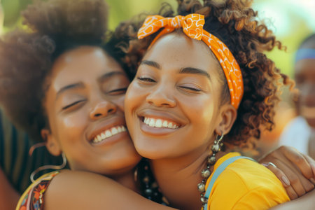 Two Joyful Young African American Women Hugging and Smiling in Bright Summer Attire Outdoors AI Generativeの素材