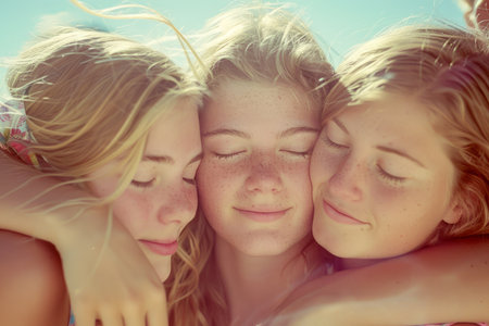Three Young Women Embracing in Friendship, Sharing a Tender Moment under Clear Blue Sky AI Generativeの素材