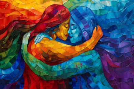 Vibrant Multicolored Abstract Painting of Two People Embracing in a Symbolic Gesture of Unity and Love AI Generativeの素材