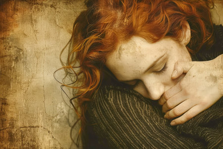 Tranquil Redhead Woman Embracing Comfort in Dreamy Rustic Setting, Artistic Portrait with Vintage Textures AI Generativeの素材