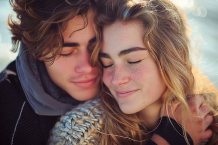 Young Loving Couple Embracing by the Sea at Sunset, Intimate Romantic Moments, Togetherness and Affection in Youth AI Generativeの素材