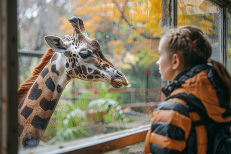 Curious Child Staring at a Friendly Giraffe Behind Glass at the Zoo During Autumn Season AI Generativeの素材