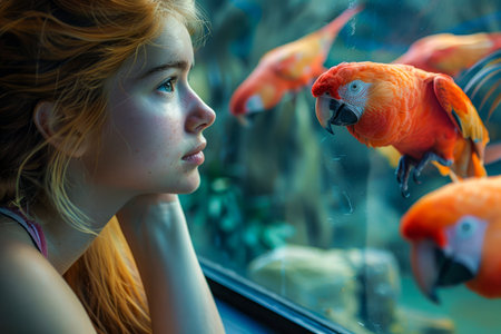 Dreamy Young Woman Gazing at Vibrant Parrots in Tropical Conservatory, Reflective Contemplation and Wildlife Connection Concept AI Generativeの素材