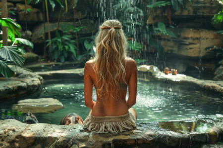 Serene Woman in Tropical Oasis Hot Spring Surrounded by Lush Greenery and Waterfall AI Generativeの素材