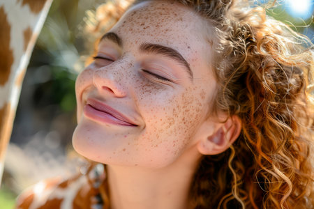 Radiant Young Woman Enjoying a Sunny Day Outdoors with a Gentle Smile and Closed Eyes, Natural Beauty and Happiness Concept AI Generativeの素材