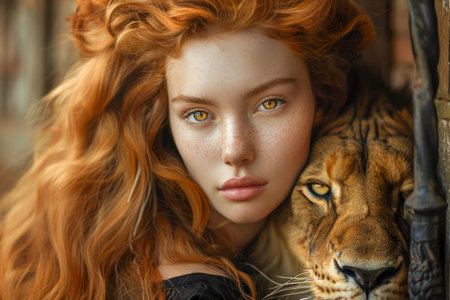 Enigmatic Portrait of a Woman with Striking Eyes Blending with a Majestic Lion in a Surreal Artistic Imagery AI Generativeの素材