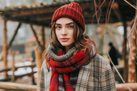 Elegant Young Woman in Stylish Winter Fashion Posing Outdoors, Wearing a Checkered Coat, Red Beanie, and Cozy Scarf AI Generativeの素材