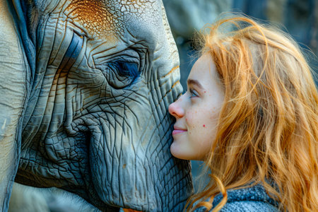 Compassionate Interaction Between Woman and Elephant in Natural Setting AI Generativeの素材