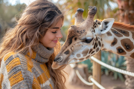 Young Woman Enjoying a Tender Moment with a Giraffe at a Wildlife Sanctuary during Autumn Season AI Generativeの素材
