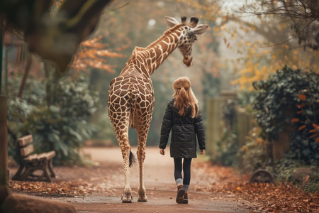 Young Girl Walking with a Giraffe in a Magical Autumn Park Setting, Dreamy Fairytale Concept AI Generativeの素材