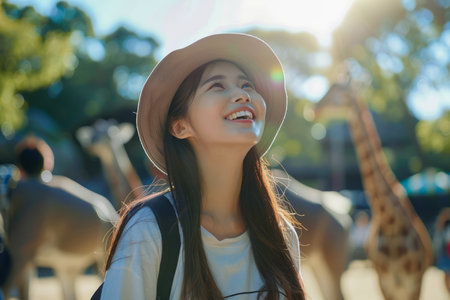 Young Woman Enjoying a Sunny Day at the Zoo, Smiling with Giraffes in the Background, Travel and Leisure Concept AI Generativeの素材